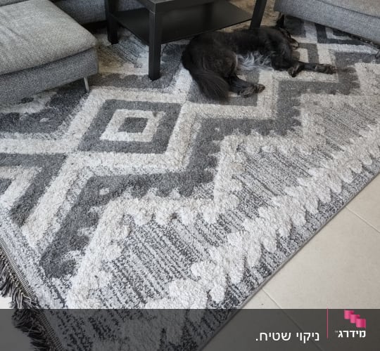 שטיח אפור עם דוגמה גיאומטרית על רצפה